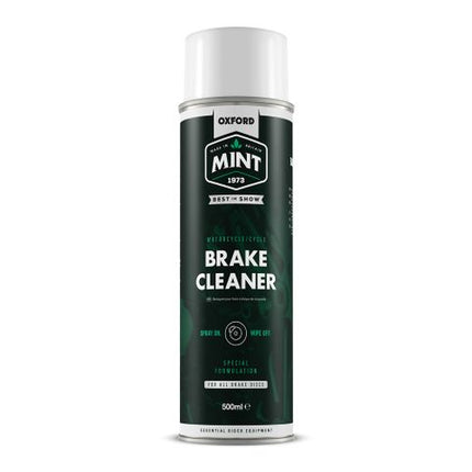 BICYCLE PARTS - BRAKE CLEANER - OXFORD MINT BRAKE CLEANER 500ML, EFFICIENTLY REMOVES BUILD - UP OF BRAKE DUST AND DIRT LEAVING A DECONTAMINATED SURFACE. IT’S ACETONE - FREE AND SAFE ON RUBBER COMPONENTS