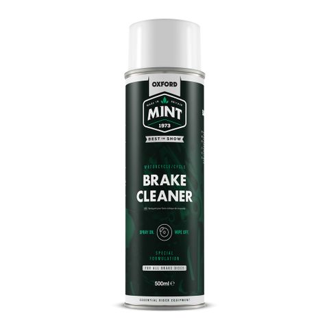 BICYCLE PARTS - BRAKE CLEANER - OXFORD MINT BRAKE CLEANER 500ML, EFFICIENTLY REMOVES BUILD - UP OF BRAKE DUST AND DIRT LEAVING A DECONTAMINATED SURFACE. IT’S ACETONE - FREE AND SAFE ON RUBBER COMPONENTS