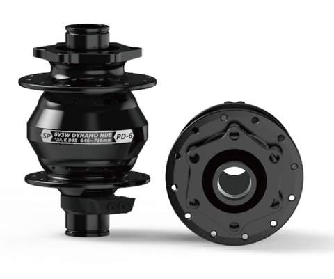 BICYCLE PARTS - DYNAMO HUB SHUTTER PRECISION, PD - 6. 6V 3W OUTPUT, FRONT, 32H, 6 BOLT DISC, 15MM X 100MM THRU AXLE, BLACK