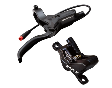 BICYCLE PARTS - CLARKS E - BIKE HYDRAULIC DISC BRAKE SET WITH MOTOR SHUT OFF, 4 PISTON BRAKE SYSTEM, FRONT & REAR, POST MOUNT, 180MM FRONT & 160MM REAR ROTORS, 16MM CALIPER PISTONS SYNC - 4E (PRE - BLED)