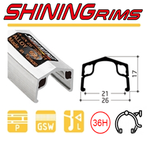 BICYCLE PARTS - RIM 22 X 21MM - SHINING A - 5NS - 36H - SCHRADER VALVE - RIM BRAKE - S/W - SILVER