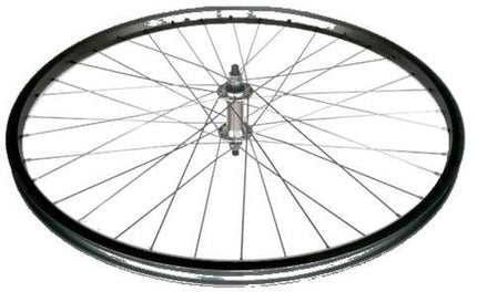 BICYCLE PARTS - WHEEL - FRONT 27.5/650B - SINGLE WALL BLACK ALLOY RIM, NUTTED ALLOY SILVER HUB (100MM O.L.D.) 36 HOLE SILVER STAINLESS STEEL SPOKES