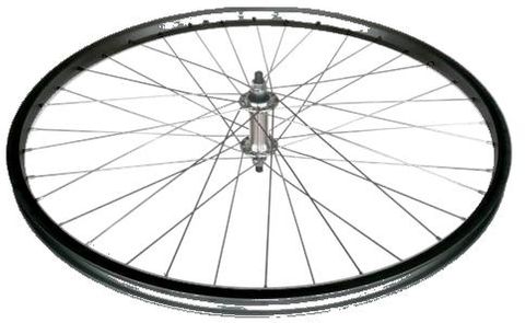 BICYCLE PARTS - WHEEL - FRONT 27.5/650B - SINGLE WALL BLACK ALLOY RIM, NUTTED ALLOY SILVER HUB (100MM O.L.D.) 36 HOLE SILVER STAINLESS STEEL SPOKES