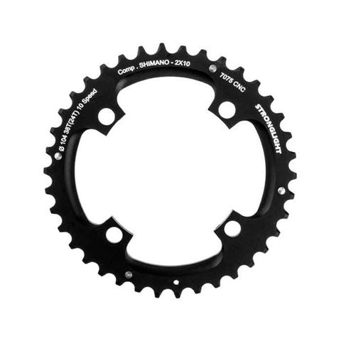 BICYCLE PARTS - CHAINRING - MTB STRONGLIGHT 38T - SHIMANO, 104/64 - 2X10, 7075 - T6 BLACK, 2X10 SPEED, 104 BCD, OUTER NOT THREADED, 38T, 4 ARMS, QUALITY STRONGLIGHT PRODUCT 274201