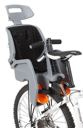 BICYCLE PARTS - BABY SEAT - GREY BETO DELUXE, SUITS 27.5 DISC BIKES, 3 POINT SAFETY HARNESS, INCLUDES BLACK RACK, NOT FOR REAR SUSPENSION BIKES