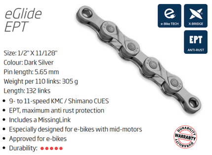 KMC EGLIDE 132L Bicycle Chain - Dark Silver - X-series - ECOPRO TEQ Coating - Connect Link For 9/10/11 Speed Drivetrains