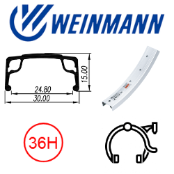 BICYCLE PARTS - RIM 16 X 24MM - WEINMANN AS7X - 36H - (305 X 24) - SCHRADER VALVE - RIM BRAKE - S/W - SILVER - (296 ERD)
