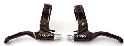 BICYCLE PARTS - V BRAKE LEVERS, PAIR, BLACK, USE WITH TWIST AND THUMB GEAR SHIFT., HINGED CLAMP, VALUE CLARKS PRODUCT
