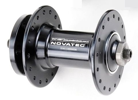 BICYCLE PARTS - FRONT HUB - NOVATEC, 32H, 9MM X 110MM Q/R BOOST SPEC, SEALED BEARINGS, 6 BOLT DISC, ALLOY AXLE & FREEHUB BLACK HUB