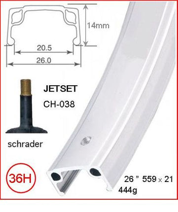 BICYCLE PARTS - RIM 26 X 21MM - JETSET CH - 038 - 36H - (559 X 21) - SCHRADER VALVE - RIM BRAKE - S/W - SILVER - QUALITY JETSET RIM MADE IN TAIWAN - (ERD - 546)