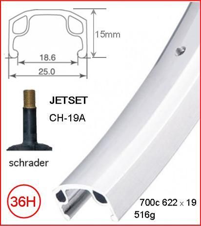 BICYCLE PARTS - RIM 700C X 19MM - JETSET CH - 19A - 36H - (622 X 19) - SCHRADER VALVE - RIM BRAKE - S/W - SILVER - QUALITY JETSET RIM MADE IN TAIWAN - (ERD 603)