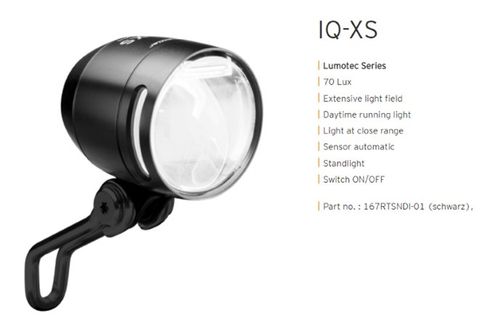 BICYCLE PARTS - BUSCH & MULLER DYNAMO LED FRONT LIGHT - ALLOY LUMOTEC IQ - XS, BLACK, DRL, SENSOR, SWITCH, STANDLIGHT, 70LUX
