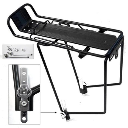 BICYCLE PARTS - CARRIER - REAR CARRIER, FOR 26 - 28 BIKES, WITH SPRING BOW, TOP PLATE, FITTINGS 15CM LONG, ALLOY, BLACK