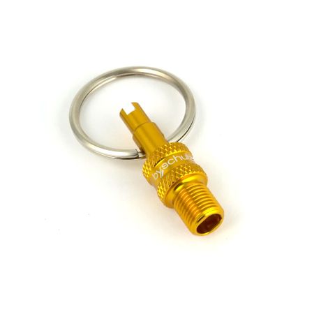 BICYCLE PARTS - VALVE MULTI TOOL - GOLD - (F/V TO A/V CONVERTER + A/V & F/V REMOVER ON KEYRING) - BY, SCHULZ