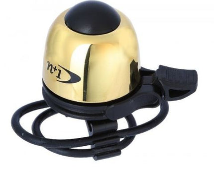 BICYCLE PARTS - BELL, FLICK TYPE, MINI SIZE, BRASS TOP, 41MM W PLASTIC BASE 19.2 - 31.8MM O - RING SECURING TO BAR