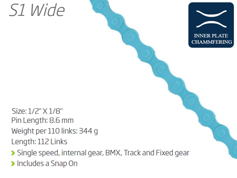 BICYCLE PARTS - CHAIN - SINGLE SPEED - KMC S1 - 112L - BLUE - W/CONNECT LINK