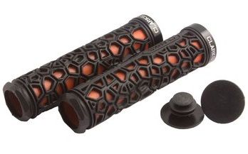 BICYCLE PARTS - GRIPS, CLARKS, LOCKING , 130MM, W/ALLOY LOCKING RING, BLACK OVERLAY / RED INNER