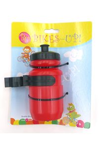 BICYCLE PARTS - BOTTLE - MINI WATER BOTTLE, 400CC, BIKES UP TIE CARD, WITH BLACK ADJUSTABLE CAGE, RED