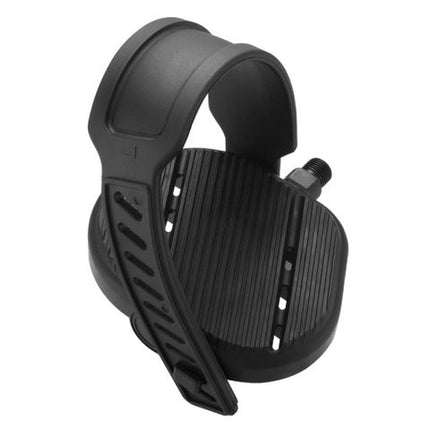 BICYCLE PARTS - PEDALS 1/2 EXERCISE BIKE, BOTTOM WEIGHTED, 115.2 X 130.9 X 51 MM, PLASTIC PLATFORM, STEEL AXLE, BALL BEARING, ADJUSTABLE PU STRAP, BLACK