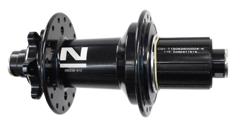 BICYCLE PARTS - HUB - 8/11 SPEED, 12MM T/A (148MM OLD), 6 BOLT DISC, 32H, E440 HUB BODY, SEALED BEARINGS, NOVATEC, BOOST ALLOY AXLE & FREEHUB BODY, BLACK