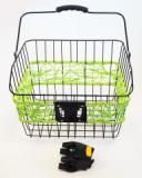 BICYCLE PARTS - BASKET - FRONT, MULTIFIT Q/R BRACKET, WITH CARRY HANDLE, BLACK WITH GREEN, 36CM X 30CM X 22CM