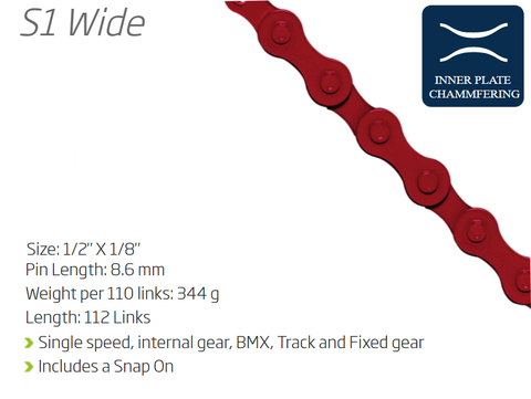 BICYCLE PARTS - CHAIN - SINGLE SPEED - KMC S1 - 112L - RED - W/CONNECT LINK