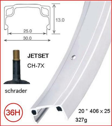 BICYCLE PARTS - RIM 20 X 25MM - JETSET CH - 7X - 36H - (406 X 25) - SCHRADER VALVE - RIM BRAKE - S/W - SILVER - (ERD 395MM)