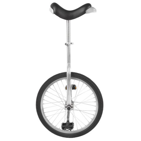BICYCLE PARTS - UNICYCLE - 20 CHROME PLATED STEEL FRAME, WITH Q/R SEAT CLAMP, BLACK SADDLE WITH YELLOW HANDLE & SKUFF PAD