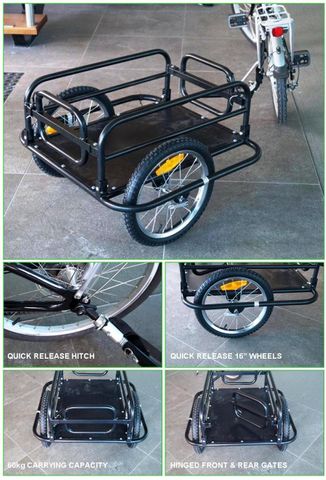 BICYCLE PARTS - BICYCLE CARGO TRAILER. STEEL FRAME. FOLDS FLAT, 16' WHEELS - QUICK RELEASE, CAPACITY:60KGS, LOADING SIZE:67*45*25CM