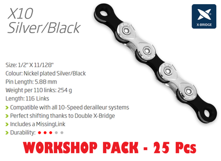 BICYCLE PARTS - CHAIN WORKSHOP BOX - 10 SPEED - KMC X10 - 116L - SILVER/BLACK - X - SERIES - W/CONNECT LINK - INCLUDES 25 CHAINS