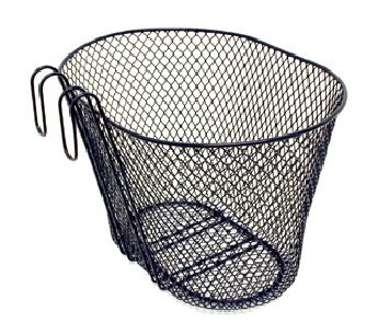 BICYCLE PARTS - BASKET - FRONT, MESH, HOOKS ONTO HANDLEBARS, BLACK, 27CM X 36CM X 25CM