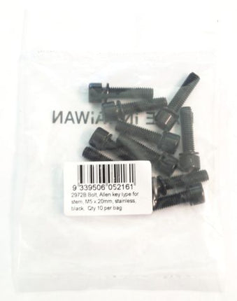BICYCLE PARTS - STEM BOLT M5, 20MM, ALLEN KEY TYPE, BLACK STAINLESS STEEL (BAG 10)