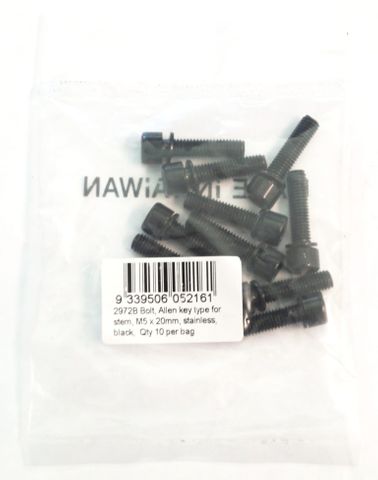 BICYCLE PARTS - STEM BOLT M5, 20MM, ALLEN KEY TYPE, BLACK STAINLESS STEEL (BAG 10)