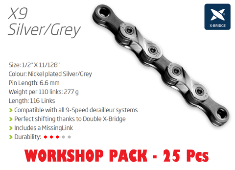 BICYCLE PARTS - CHAIN WORKSHOP BOX - 9 SPEED - KMC X9 - 116L - SILVER/GREY - W/CONNECT LINK - INCLUDES 25 CHAINS