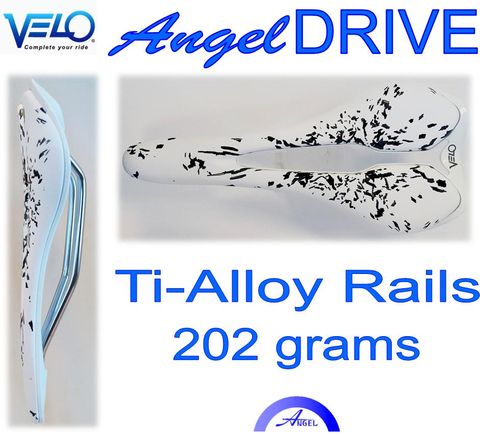 BICYCLE PARTS - SADDLE VELO ANGEL DIVE, TOP - END RACING SADDLE, 202G, TI - ALLOY RAIL, 273MM X 125MM