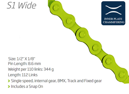 BICYCLE PARTS - CHAIN - SINGLE SPEED - KMC S1 - 112L - GREEN - W/CONNECT LINK