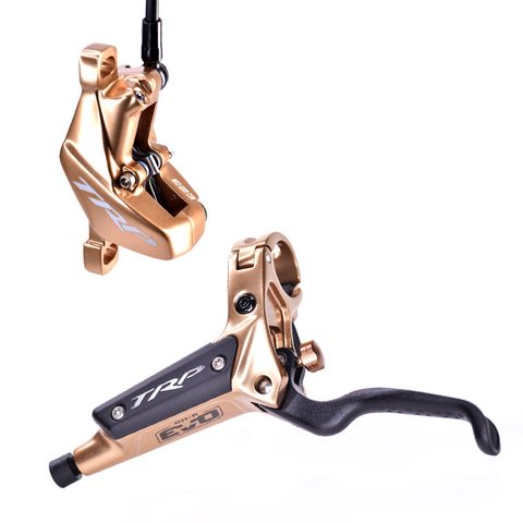 BICYCLE PARTS - TRP DHR EVO REAR, DISC BRAKE SET, REAR, FOR LEFT HAND, ALLOY, HYDRAULIC 4 - PISTON. HIGH POLISH GOLD (USES 2.3MM ROTOR ONLY - ROTOR NOT INCLUDED)
