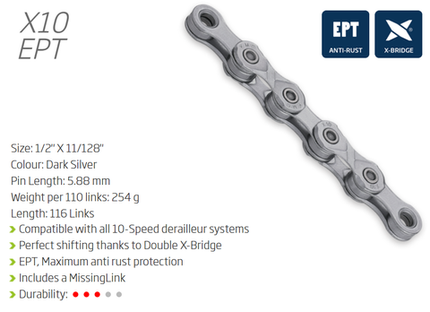 KMC X10 EPT 10 Speed Chain 116 Links Dark Silver W/connect Link For Cycling Drivetrain Performance