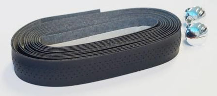 BICYCLE PARTS - HANDLEBAR CUSHION TAPE, BLACK MICROFIBRE (HOLES W/BLACK BACKGROUND), W PLUGS