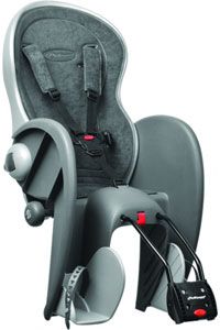 BICYCLE PARTS - BABY SEAT - POLISPORT WALLABY, DELUXE, Q/R, 5 POINT ADJUSTABLE SAFETY HARNESS, EASY ASSEMBLE, GREY/SILVER