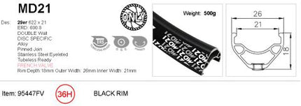 BICYCLE PARTS - RIM 29ER X 21MM - ALEX MD21 - 36H - (622 X 21) - PRESTA VALVE - DISC BRAKE - D/W - BLACK - EYELETED - TUBELESS READY
