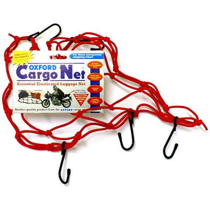 BICYCLE PARTS - CARGO NET - STRONG ELASTICATED WEBBING, NYLON COATED, HARDENED STEEL HOOKS, 12 X 12 , RED - OXFORD PRODUCT