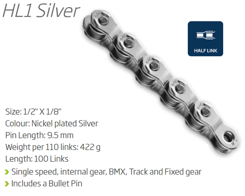 BICYCLE PARTS - CHAIN - SINGLE SPEED - KMC HL1 - 100L - SILVER - W/CONNECT PIN - (HALF LINK CHAIN)