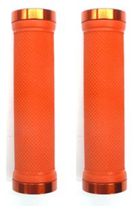 BICYCLE PARTS - GRIPS LOCK - ON, DUAL CLAMP, 130MM, WITH PLUG, ORANGE WITH ORANGE RINGS