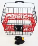BICYCLE PARTS - BASKET - FRONT, MULTIFIT Q/R BRACKET, WITH CARRY HANDLE, BLACK WITH RED, 36CM X 30CM X 22CM