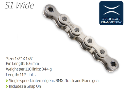 BICYCLE PARTS - CHAIN - SINGLE SPEED - 1/2 X 1/8 - KMC S1 - 112L - SILVER - (CHROME LOOK) - W/CONNECT LINK