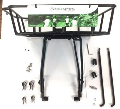 BICYCLE PARTS - FRONT RACK WITH FIXED BASKET, HEAVY DUTY, WEIGHT LIMIT OF 10KG, FITS 26 - 29 ER BIKES, ALLOY, BLACK (30CM X 36CM)