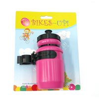 BICYCLE PARTS - BOTTLE - MINI WATER BOTTLE, 400CC, BIKES UP TIE CARD, WITH BLACK ADJUSTABLE CAGE, PINK