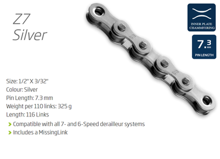 BICYCLE PARTS - CHAIN - 6 - 7 SPEED - KMC - Z7 - 116L - SILVER - W/CONNECT LINK
