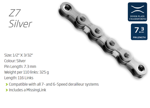 BICYCLE PARTS - CHAIN - 6 - 7 SPEED - KMC - Z7 - 116L - SILVER - W/CONNECT LINK